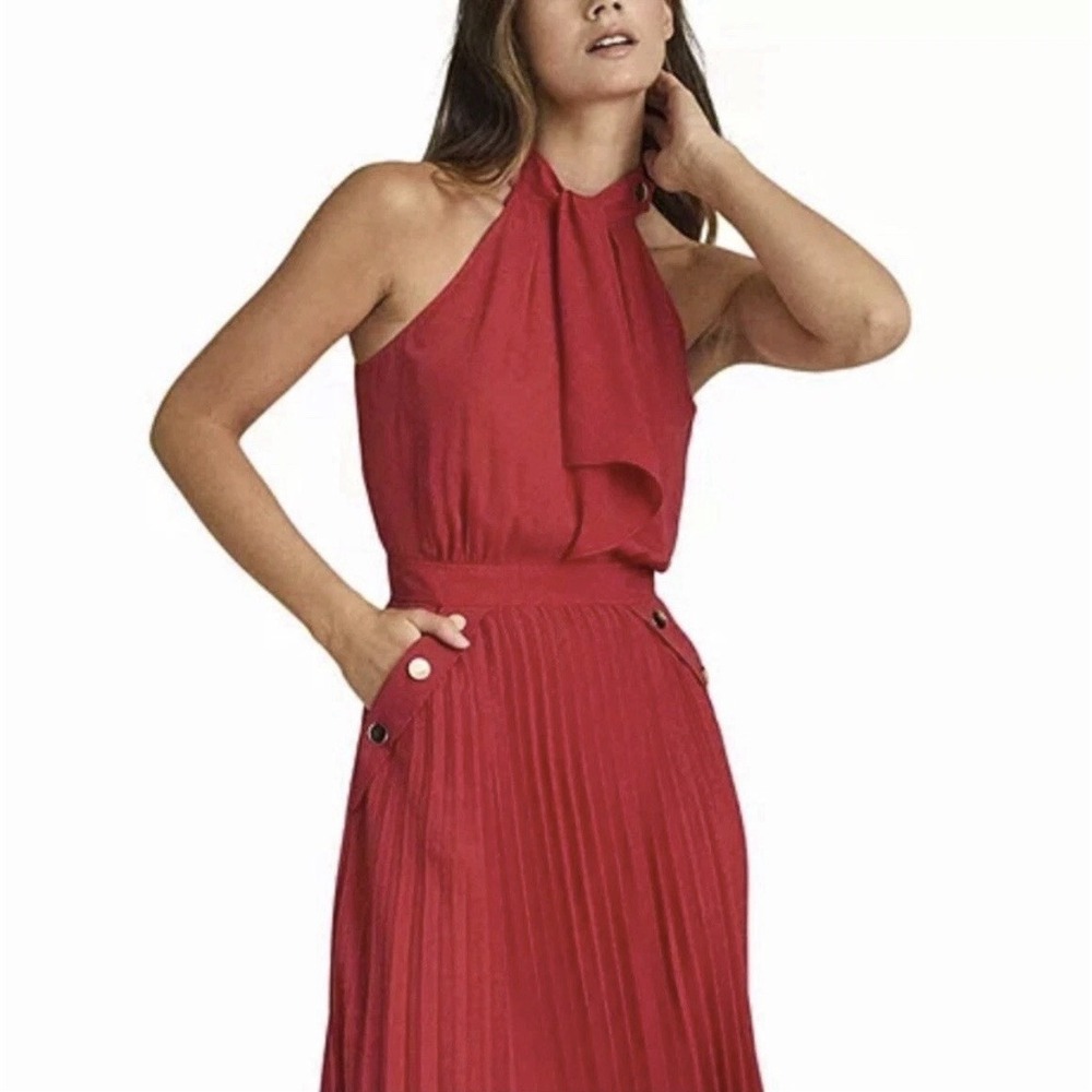 Reiss Red Pleated Halter Midi Dress Berry Pink Gold Button Detail Size 4 - Picture 2 of 14